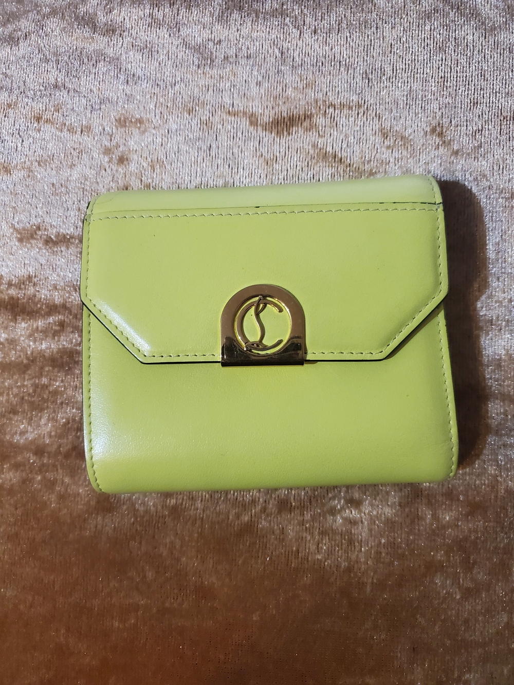 Christian Louboutin Lime Green Leather Compact Wallet with Gold Logo Clasp